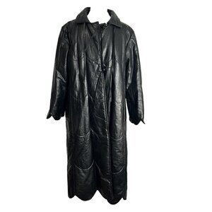 Vtg Suburban Heritage Trench Coat Womens Size 14 Black Leather Scalloped Edges